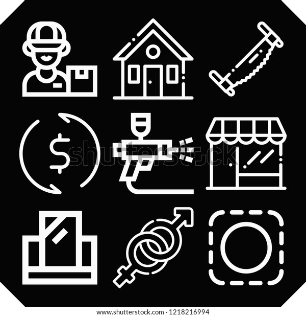Set of 9 man outline\
icons such as store, house, saw, car painting, postman, exchange,\
selection, sex