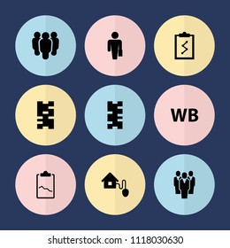 Set of 9 management filled icons such as man with case, domino, wb, smart home, group
