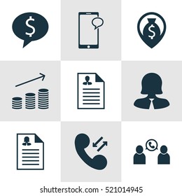 Set Of 9 Management Icons. Can Be Used For Web, Mobile, UI And Infographic Design. Includes Elements Such As Conference, Cash, Resume And More.