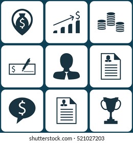 Set Of 9 Management Icons. Can Be Used For Web, Mobile, UI And Infographic Design. Includes Elements Such As Cup, Male, Coins And More.