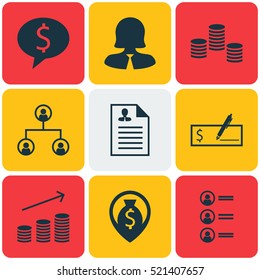 Set Of 9 Management Icons. Can Be Used For Web, Mobile, UI And Infographic Design. Includes Elements Such As Coins, Bank, Discussion And More.