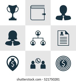 Set Of 9 Management Icons. Can Be Used For Web, Mobile, UI And Infographic Design. Includes Elements Such As Employee, Cup, Structure And More.