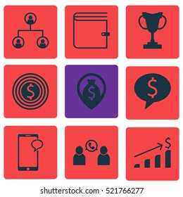 Set Of 9 Management Icons. Can Be Used For Web, Mobile, UI And Infographic Design. Includes Elements Such As Cup, Dollar, Chat And More.