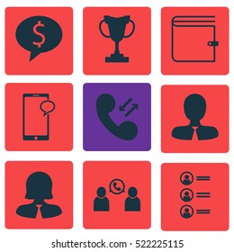 Set Of 9 Management Icons. Can Be Used For Web, Mobile, UI And Infographic Design. Includes Elements Such As Call, Employee, Female And More.