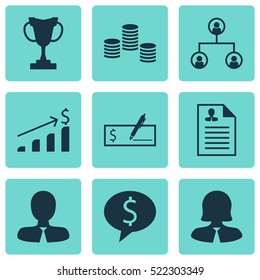 Set Of 9 Management Icons. Can Be Used For Web, Mobile, UI And Infographic Design. Includes Elements Such As Bank, Female, Money And More.