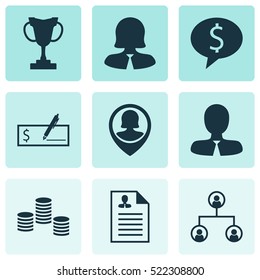 Set Of 9 Management Icons. Can Be Used For Web, Mobile, UI And Infographic Design. Includes Elements Such As Tree, Profile, Coins And More.