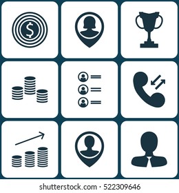Set Of 9 Management Icons. Can Be Used For Web, Mobile, UI And Infographic Design. Includes Elements Such As Male, Cup, Goal And More.