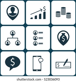 Set Of 9 Management Icons. Can Be Used For Web, Mobile, UI And Infographic Design. Includes Elements Such As Phone, Pin, Money And More.