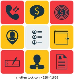 Set Of 9 Management Icons. Can Be Used For Web, Mobile, UI And Infographic Design. Includes Elements Such As Wallet, Job Applicants, Cellular Data And More.