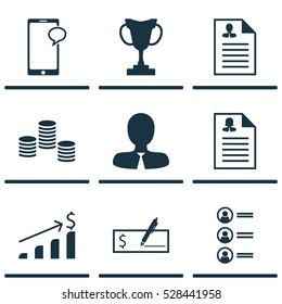 Set Of 9 Management Icons. Can Be Used For Web, Mobile, UI And Infographic Design. Includes Elements Such As Curriculum Vitae, Female Application, Bank Payment And More.