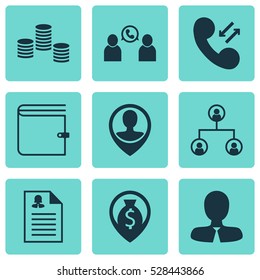 Set Of 9 Management Icons. Can Be Used For Web, Mobile, UI And Infographic Design. Includes Elements Such As Employee Location, Phone Conference, Cellular Data And More.