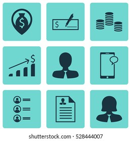 Set Of 9 Management Icons. Can Be Used For Web, Mobile, UI And Infographic Design. Includes Elements Such As Money, Bank Payment, Job Applicants And More.