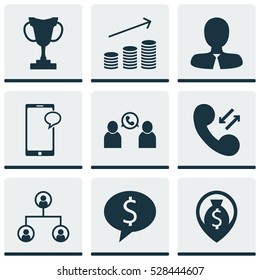 Set Of 9 Management Icons. Can Be Used For Web, Mobile, UI And Infographic Design. Includes Elements Such As Coins Growth, Tree Structure, Tournament And More.