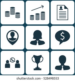 Set Of 9 Management Icons. Can Be Used For Web, Mobile, UI And Infographic Design. Includes Elements Such As Manager, Business Woman, Money And More.