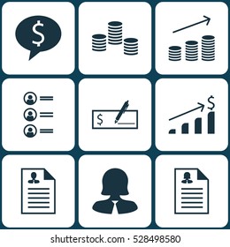 Set Of 9 Management Icons. Can Be Used For Web, Mobile, UI And Infographic Design. Includes Elements Such As Successful Investment, Business Deal, Job Applicants And More.