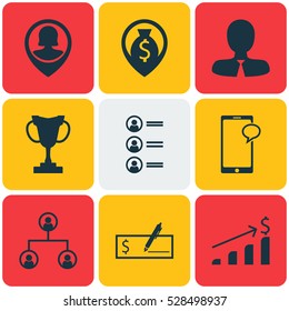 Set Of 9 Management Icons. Can Be Used For Web, Mobile, UI And Infographic Design. Includes Elements Such As Messaging, Tree Structure, Pin Employee And More.