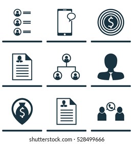 Set Of 9 Management Icons. Can Be Used For Web, Mobile, UI And Infographic Design. Includes Elements Such As Curriculum Vitae, Female Application, Tree Structure And More.