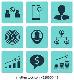 Set Of 9 Management Icons. Can Be Used For Web, Mobile, UI And Infographic Design. Includes Elements Such As Tree Structure, Pin Employee, Business Deal And More.