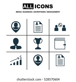 Set Of 9 Management Icons. Can Be Used For Web, Mobile, UI And Infographic Design. Includes Elements Such As Female Application, Pin Employee, Manager And More.