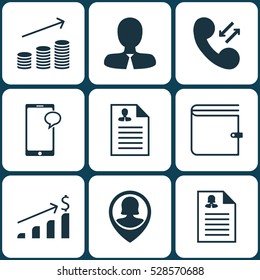 Set Of 9 Management Icons. Can Be Used For Web, Mobile, UI And Infographic Design. Includes Elements Such As Messaging, Coins Growth, Curriculum Vitae And More.