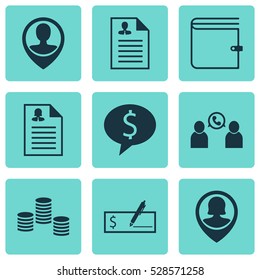 Set Of 9 Management Icons. Can Be Used For Web, Mobile, UI And Infographic Design. Includes Elements Such As Female Application, Money, Phone Conference And More.