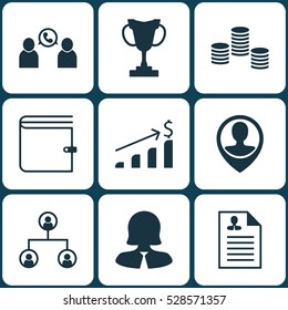 Set Of 9 Management Icons. Can Be Used For Web, Mobile, UI And Infographic Design. Includes Elements Such As Successful Investment, Tree Structure, Wallet And More.