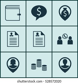 Set Of 9 Management Icons. Can Be Used For Web, Mobile, UI And Infographic Design. Includes Elements Such As Female Application, Employee Location, Curriculum Vitae And More.