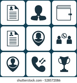 Set Of 9 Management Icons. Can Be Used For Web, Mobile, UI And Infographic Design. Includes Elements Such As Cellular Data, Female Application, Curriculum Vitae And More.