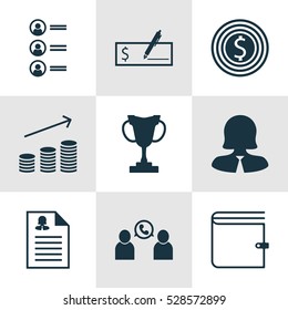 Set Of 9 Management Icons. Can Be Used For Web, Mobile, UI And Infographic Design. Includes Elements Such As Phone Conference, Wallet, Bank Payment And More.