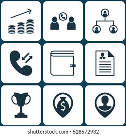 Set Of 9 Management Icons. Can Be Used For Web, Mobile, UI And Infographic Design. Includes Elements Such As Employee Location, Cellular Data, Wallet And More.