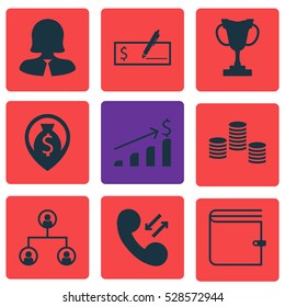 Set Of 9 Management Icons. Can Be Used For Web, Mobile, UI And Infographic Design. Includes Elements Such As Business Woman, Tournament, Wallet And More.