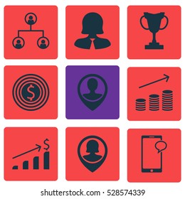 Set Of 9 Management Icons. Can Be Used For Web, Mobile, UI And Infographic Design. Includes Elements Such As Successful Investment, Employee Location, Tree Structure And More.