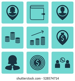 Set Of 9 Management Icons. Can Be Used For Web, Mobile, UI And Infographic Design. Includes Elements Such As Coins Growth, Money, Wallet And More.
