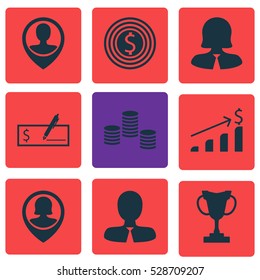 Set Of 9 Management Icons. Can Be Used For Web, Mobile, UI And Infographic Design. Includes Elements Such As Pin Employee, Manager, Successful Investment And More.
