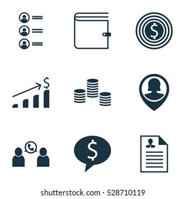 Set Of 9 Management Icons. Can Be Used For Web, Mobile, UI And Infographic Design. Includes Elements Such As Successful Investment, Curriculum Vitae, Pin Employee And More.