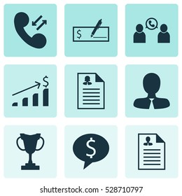 Set Of 9 Management Icons. Can Be Used For Web, Mobile, UI And Infographic Design. Includes Elements Such As Business Deal, Bank Payment, Cellular Data And More.