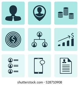 Set Of 9 Management Icons. Can Be Used For Web, Mobile, UI And Infographic Design. Includes Elements Such As Successful Investment, Manager, Job Applicants And More.