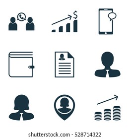 Set Of 9 Management Icons. Can Be Used For Web, Mobile, UI And Infographic Design. Includes Elements Such As Female Application, Pin Employee, Wallet And More.