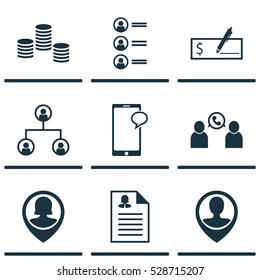 Set Of 9 Management Icons. Can Be Used For Web, Mobile, UI And Infographic Design. Includes Elements Such As Messaging, Employee Location, Tree Structure And More.