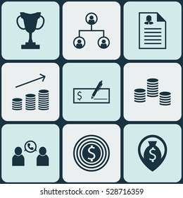 Set Of 9 Management Icons. Can Be Used For Web, Mobile, UI And Infographic Design. Includes Elements Such As Tree Structure, Money Navigation, Phone Conference And More.