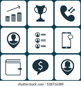 Set Of 9 Management Icons. Can Be Used For Web, Mobile, UI And Infographic Design. Includes Elements Such As Coins Growth, Messaging, Job Applicants And More.