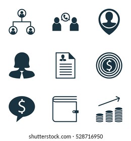 Set Of 9 Management Icons. Can Be Used For Web, Mobile, UI And Infographic Design. Includes Elements Such As Wallet, Phone Conference, Tree Structure And More.