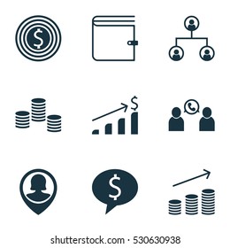 Set Of 9 Management Icons. Can Be Used For Web, Mobile, UI And Infographic Design. Includes Elements Such As Tree Structure, Money, Phone Conference And More.