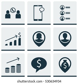 Conjunto De 9 Iconos De Gestión. Se Puede Usar Para Diseño Web, Móvil, UI E Infográfico. Incluye Elementos Como Conferencia Telefónica, Empleado De Pin, Mensajería Y Más.