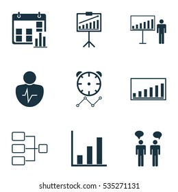 Set Of 9 Management Icons. Includes Personal Character, Project Time, Project Presentation And Other Symbols. Beautiful Design Elements.