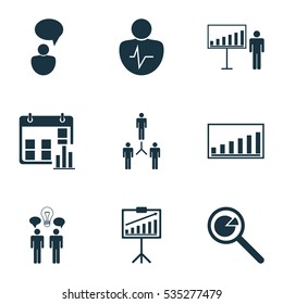 Set Of 9 Management Icons. Includes Opinion Analysis, Project Analysis, Team Building And Other Symbols. Beautiful Design Elements.