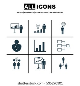 Set Of 9 Management Icons. Includes Team Organization, Project Presentation, Team Building And Other Symbols. Beautiful Design Elements.