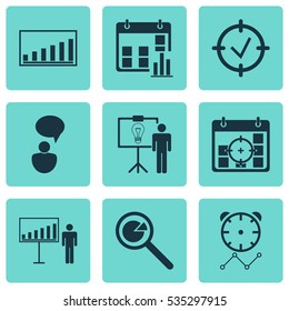 Set Of 9 Management Icons. Includes Project Time, Opinion Analysis, Data Report And Other Symbols. Beautiful Design Elements.