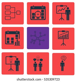 Set Of 9 Management Icons. Includes Special Demonstration, Data Report, Time Control And Other Symbols. Beautiful Design Elements.