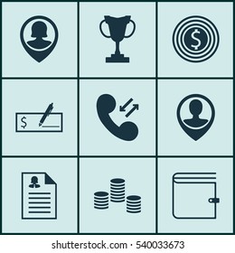Set Of 9 Management Icons. Includes Money, Pin Employee, Employee Location And Other Symbols. Beautiful Design Elements.